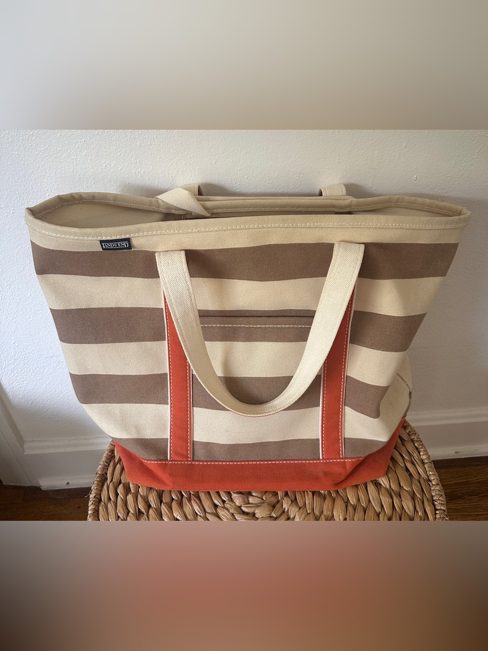 Lands' End Large Striped Canvas Tote Bag Open Top Orange & Brown